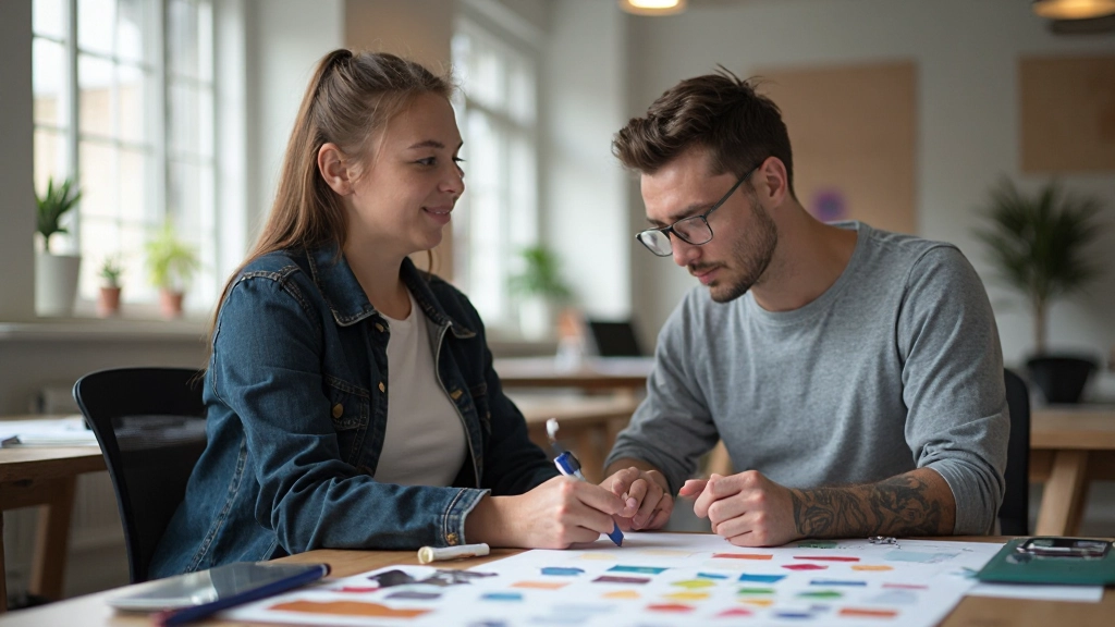 Profesionálny pracovný priestor s dizajnerskými materiálmi, farbami a plánom identity