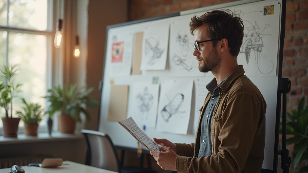 Dizajnér si prezerá a organizuje portfólium na grafickej tabuli s rôznymi projektami